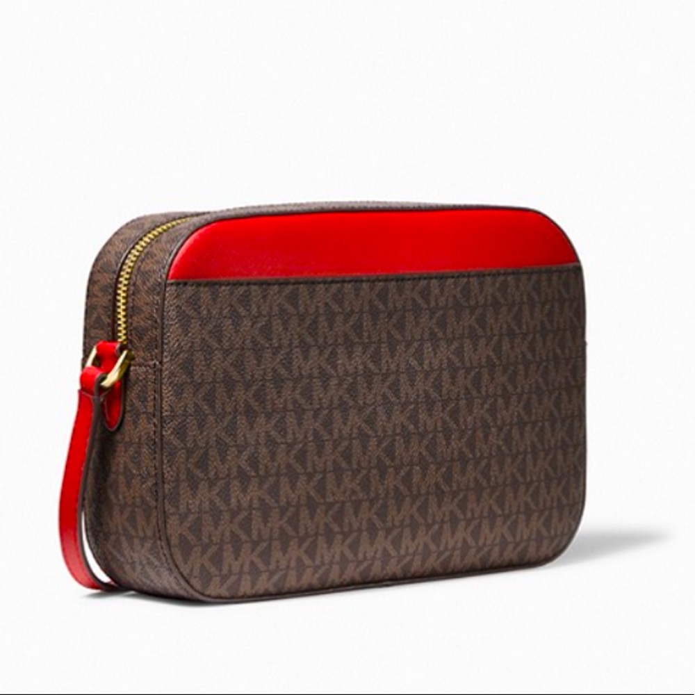 NWT Michael Kors Red/ Brown Jet Set Large Logo Crossbody Bag - Picture 5 of 8